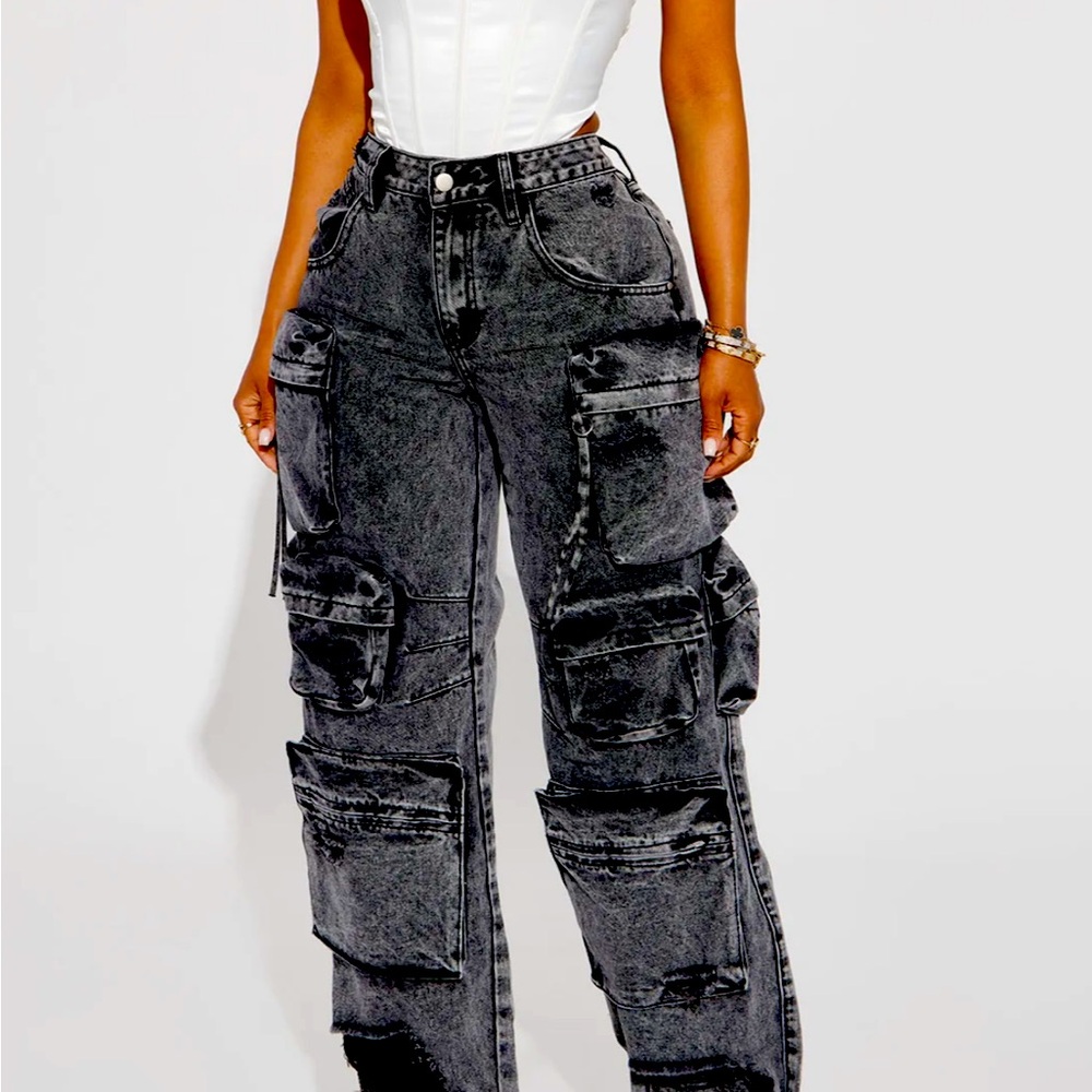 Fashion Nova Black Acid Millie Cargo jeans